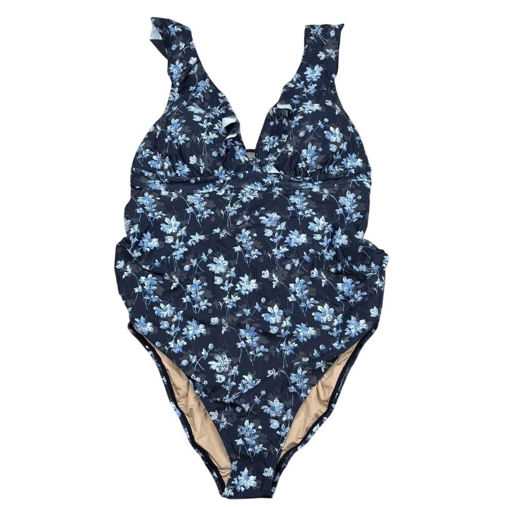 A Pea in the Pod One Piece Maternity Swimsuit Navy Blue Floral Ruffle Tie Back S